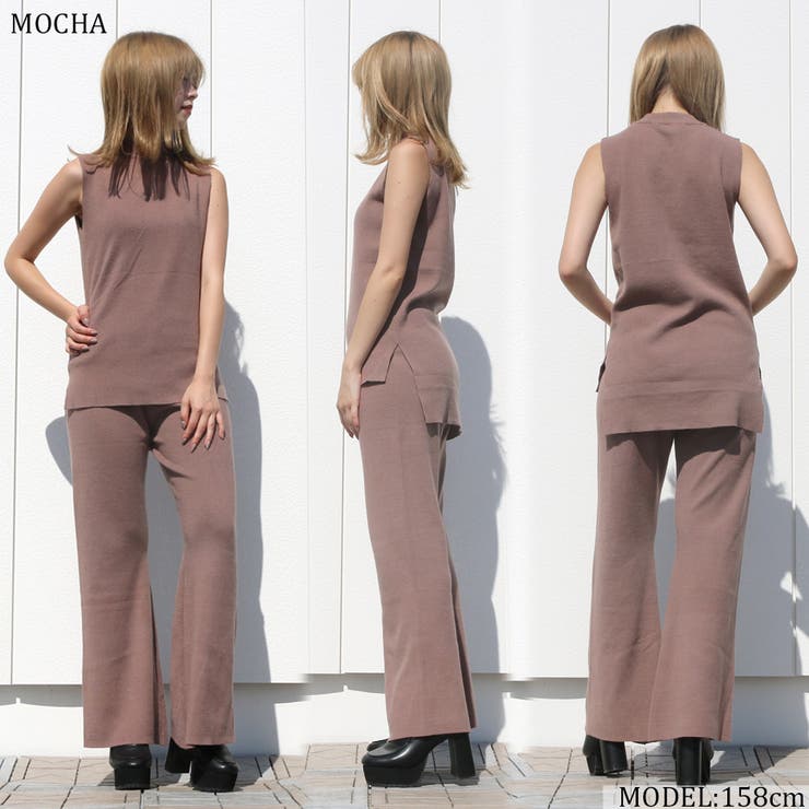 ニット セットアップ ノースリーブ ワイドパンツ シンプル 3色 ノースリーブニットワイドパンツセットアップ レディース