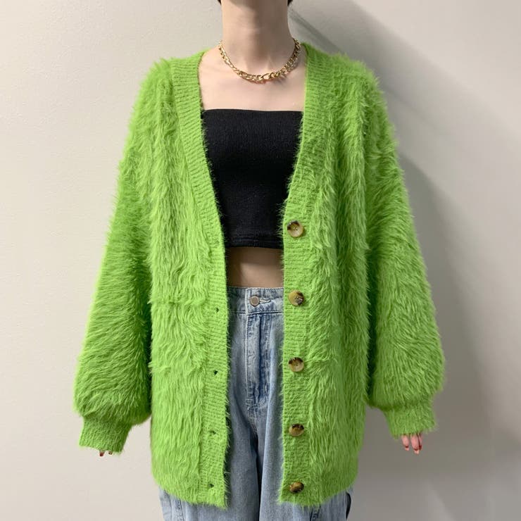 sasasacai gonz カーディガンニットウェア ライムグリーン シャギーニットカーディガン[品番：NHGW0003082]｜non-hedge