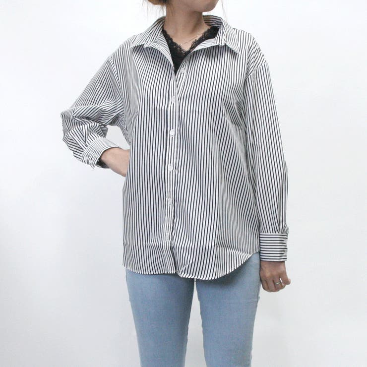驚きの3WAY!! 抜き襟ストライプシャツ[品番：NHGW0000039]｜non