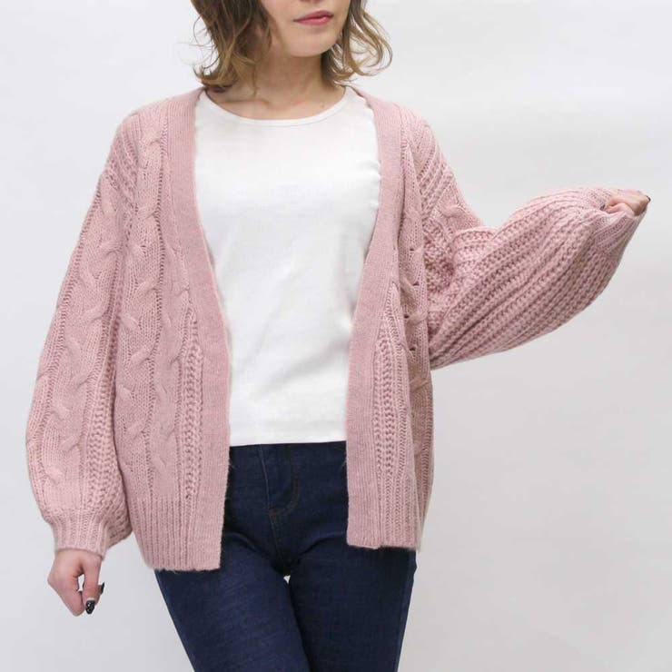 ピンク ケーブルニット カーディガン NAPTIME Naptime]ピンク ケーブルニット カーディガン