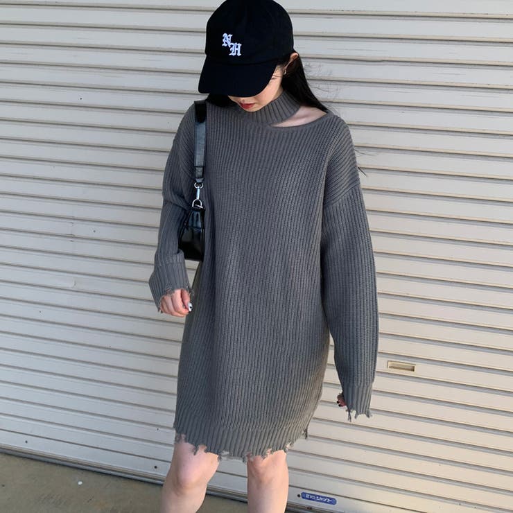 カットショルダーダメージニットワンピース[品番：NHGW0003964]｜non