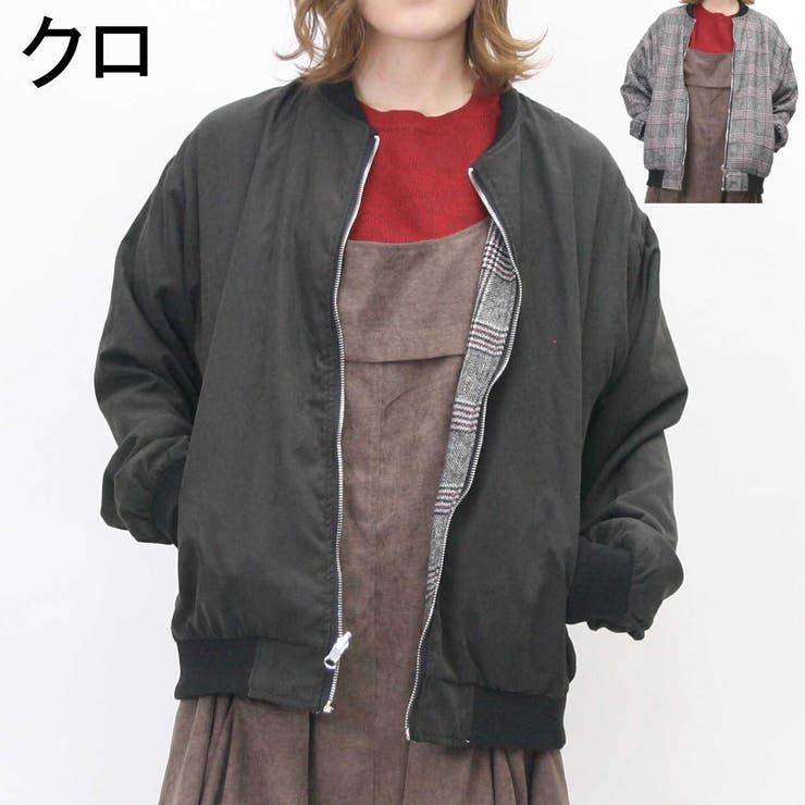 グレンチェック×無地ピーチ素材リバーシブルMA 1 アウター[品番 グレンチェック×無地ピーチ素材リバーシブルMA 1 アウター[品番