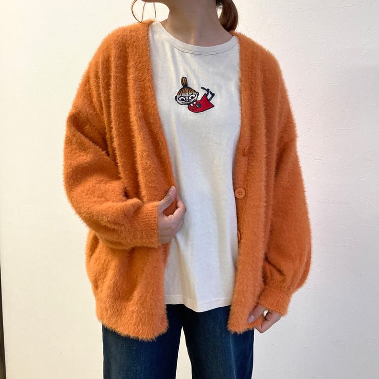 ニット シャギーMIXカーディガン メランジオレンジ レディース(M