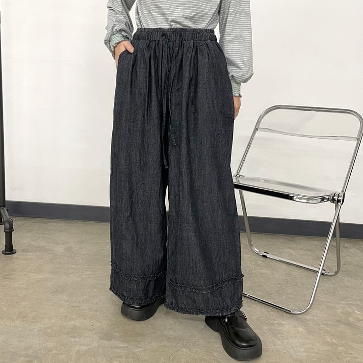 ブラック | デニム裾ダブルフリルワイドパンツ | non-hedge 