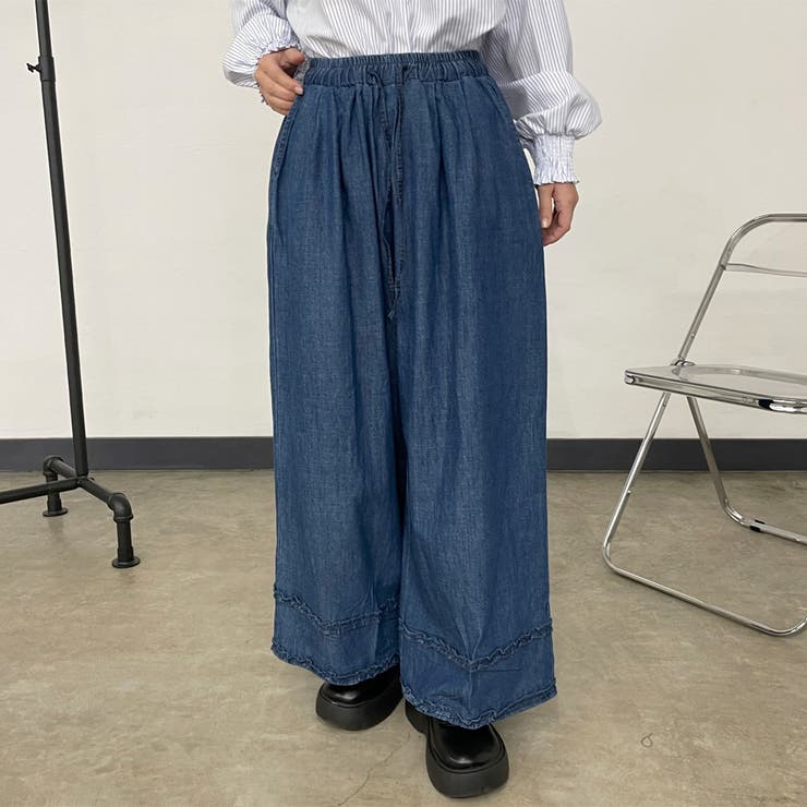 ブルー | デニム裾ダブルフリルワイドパンツ | non-hedge 