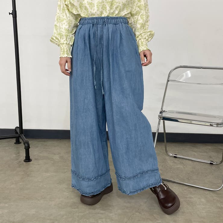 サックスブルー | デニム裾ダブルフリルワイドパンツ | non-hedge 
