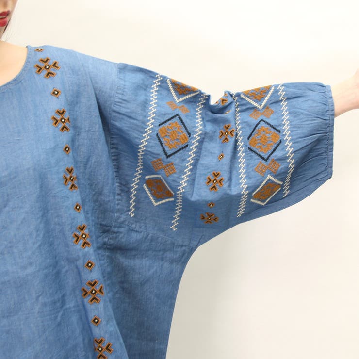 デニム刺繍チュニック デニムトップス デニムチュニック[品番