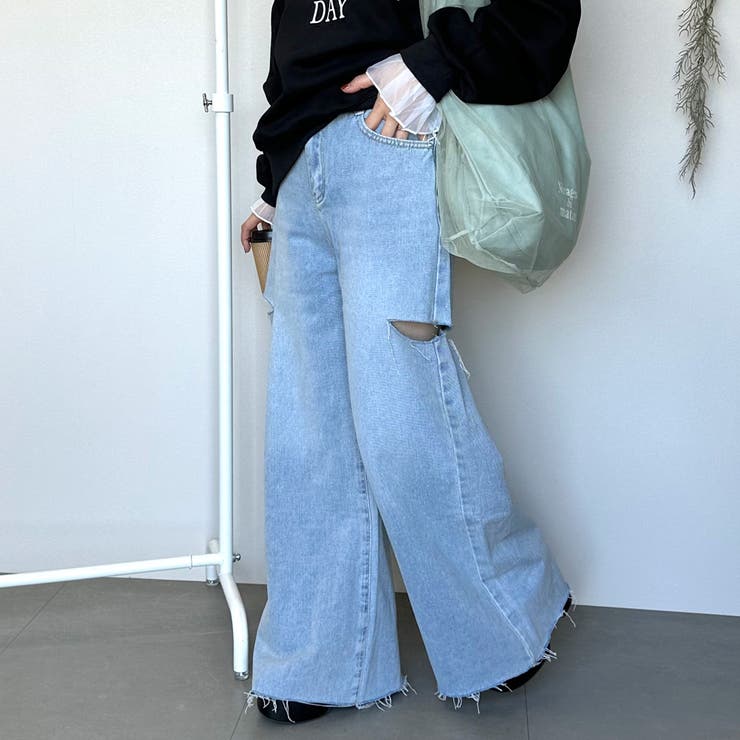 ☆WEB限定☆サイドダメージデニムパンツ[品番：NHGW0004216]｜non