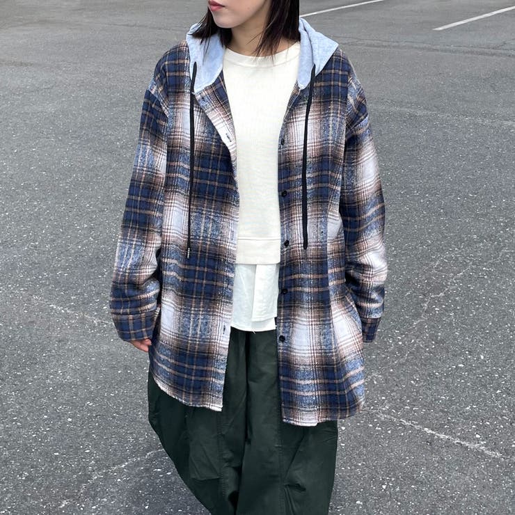 ネイビー | フードチェックシャツ | non-hedge