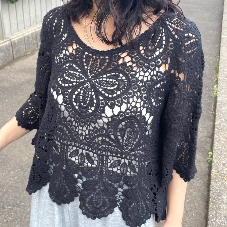 ブラック | クロシェ7分袖プルオーバー | non-hedge 