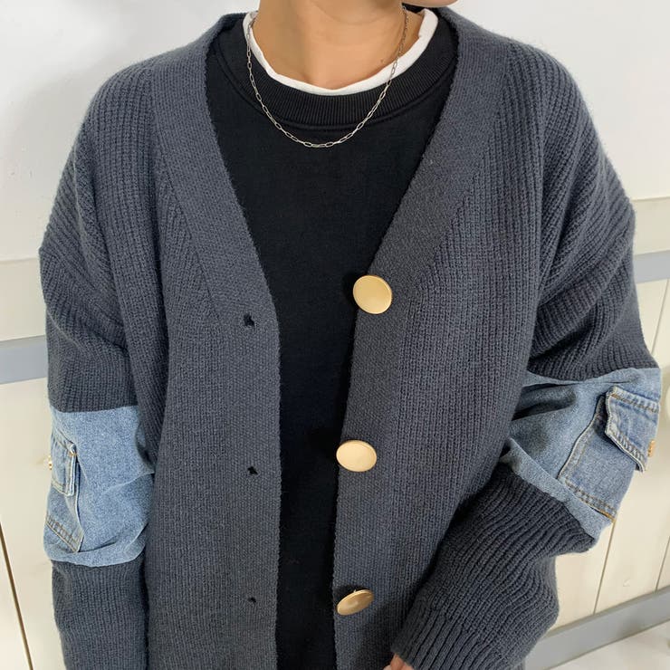 袖デニム切替ニットカーディガン[品番：NHGW0005291]｜non-hedge