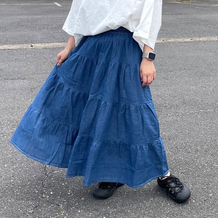 裾レースデニムティアードスカート CIAOPANIC スカート 裾レースオーバーダイデニムティアード