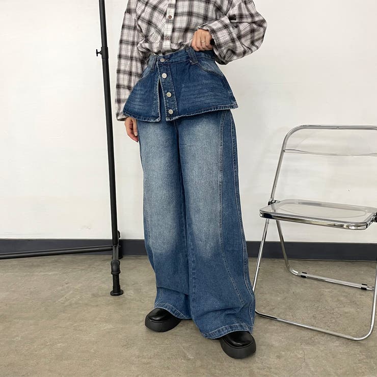 ブルー | ラップ風レイヤーデニムワイドパンツ | non-hedge 