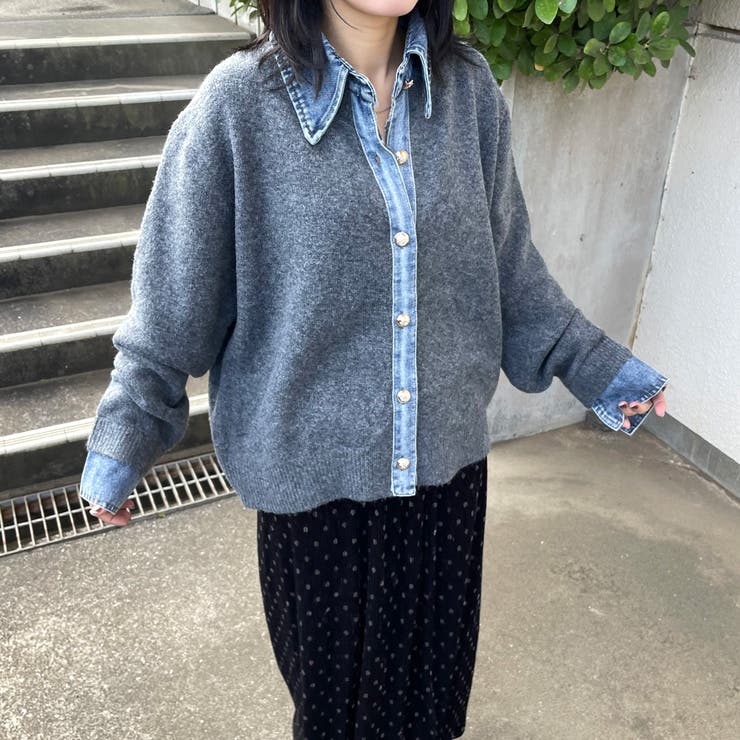 襟付きデニム切替ニットカーディガン | non-hedge  | 詳細画像1 