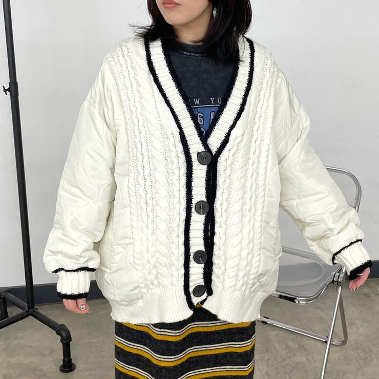 オフホワイト | キルト切替ケーブルカーディガン | non-hedge 