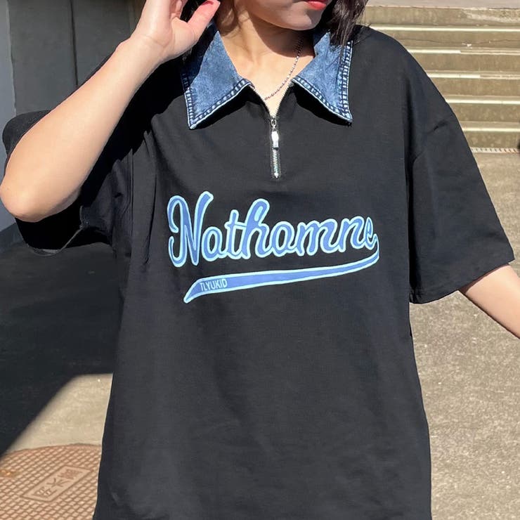 ブラック | 襟デニムハーフジップロゴTシャツ | non-hedge 