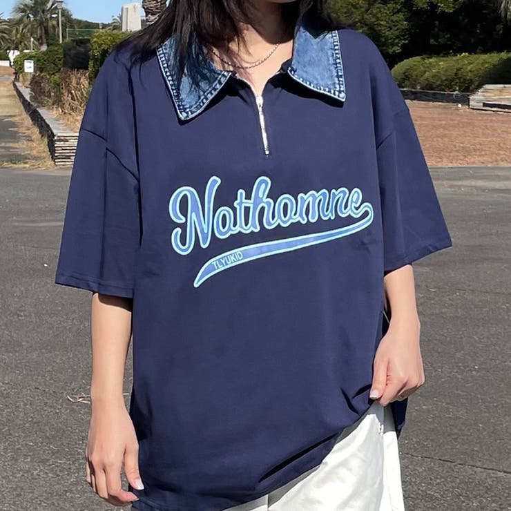 ネイビー | 襟デニムハーフジップロゴTシャツ | non-hedge 