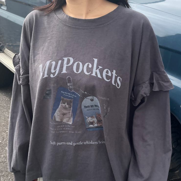 チャコール | 袖フリルネコプリントロンT | non-hedge 