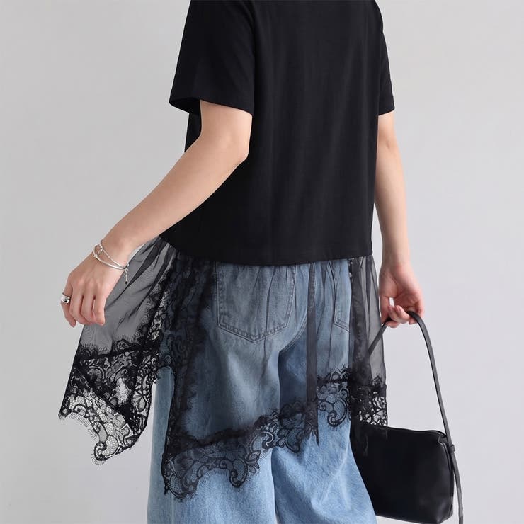 ブラック | 裾レースレイヤースラブTシャツ | non-hedge 