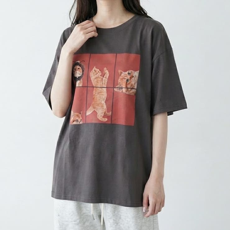 チャコール | パネル転写ネコBIGTシャツ | non-hedge 