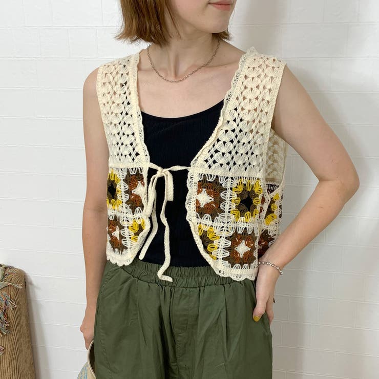 ベージュ | カラークロシェリボンベスト | non-hedge