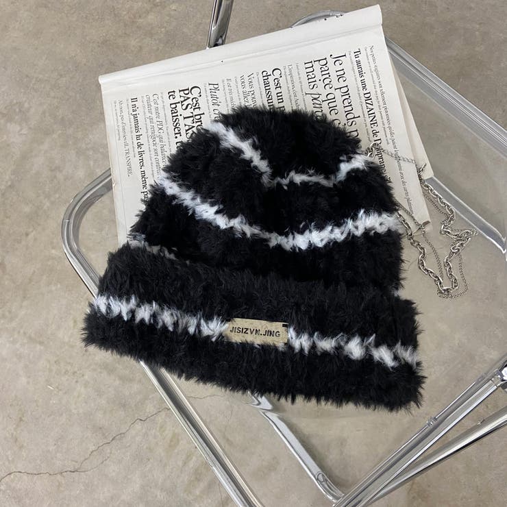 ブラック×ホワイト | プレートシャギーニット帽 | non-hedge 