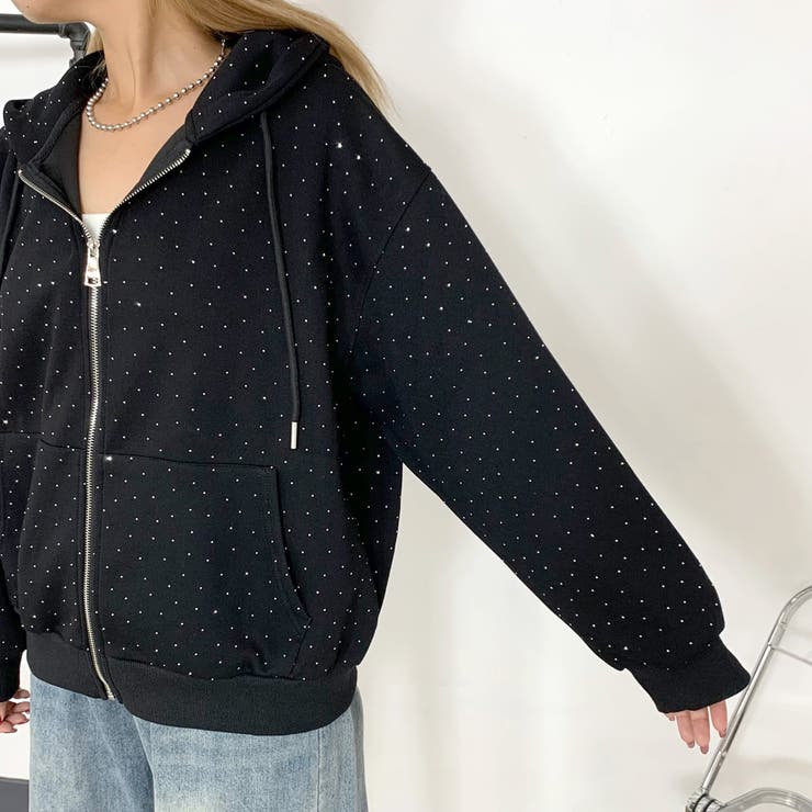 ジップアップパーカー ブラック ラインストーンパーカー ジップパーカー ラインストーンジップUPパーカー ブラック 1535-1424 | D SHOP 着心地