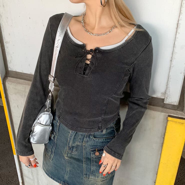 チャコール | レースアップリブショートトップス | non-hedge 