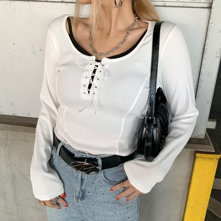 オフホワイト | レースアップリブショートトップス | non-hedge 