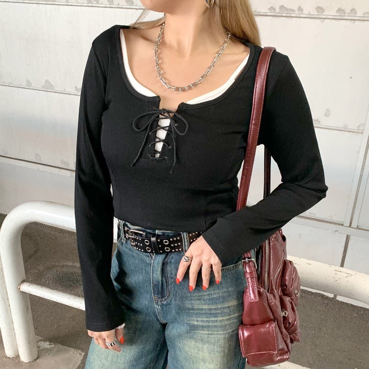 ブラック | レースアップリブショートトップス | non-hedge 