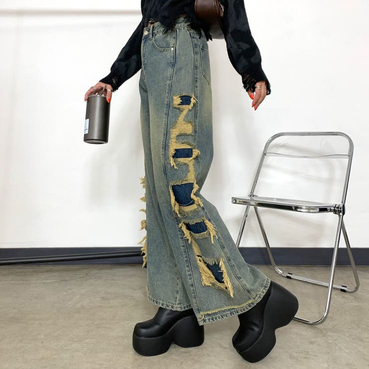 サイドダメージデニムストレートパンツ[品番：NHGW0005304]｜non-hedge