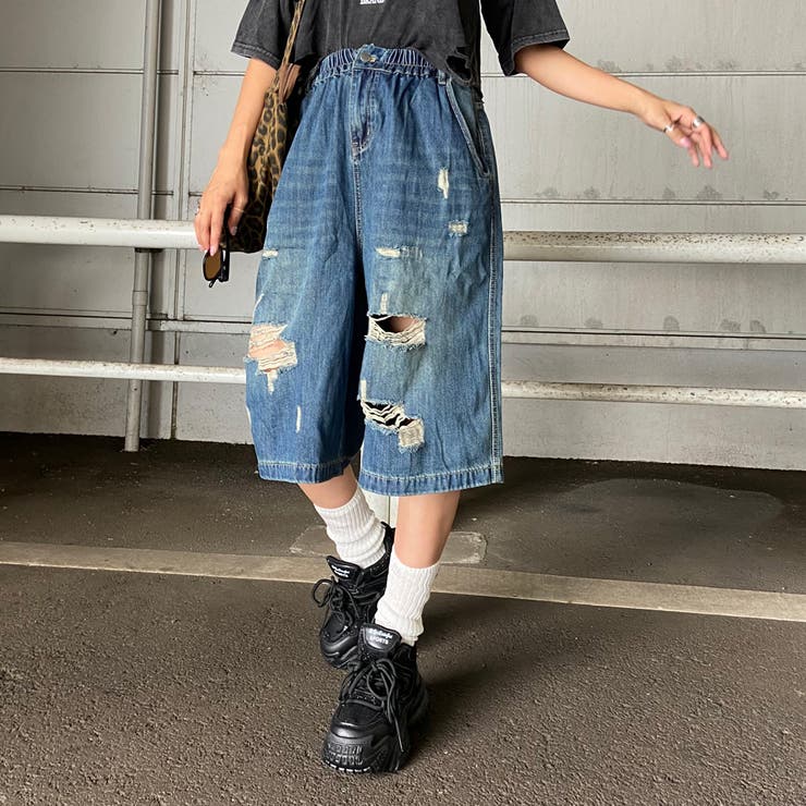 レディース【低身長】 デニムダメージショートパンツ（Shoko