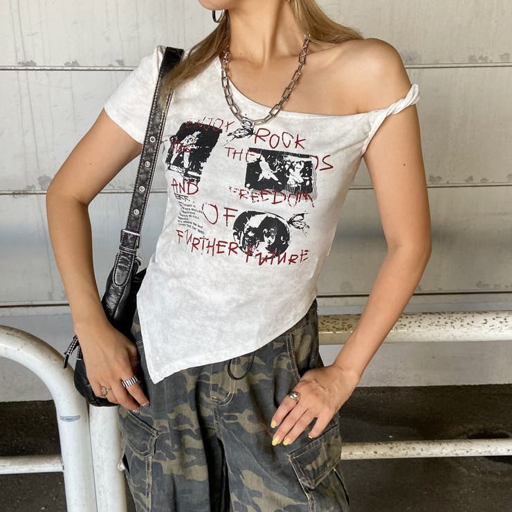 オフホワイト | ロックプリントイレヘムリブトップス | non-hedge 