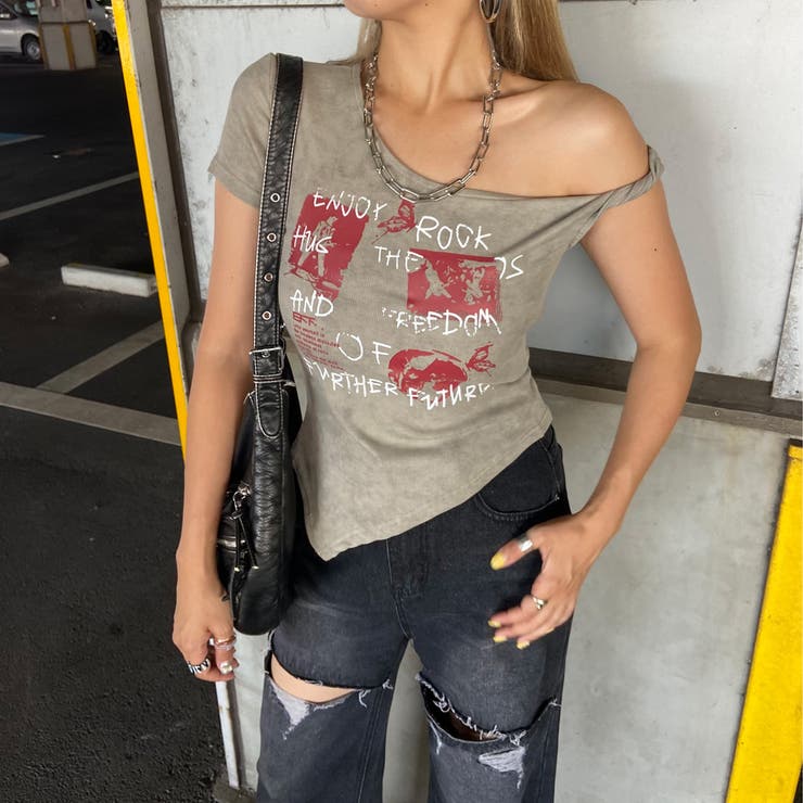 ベージュ | ロックプリントイレヘムリブトップス | non-hedge 