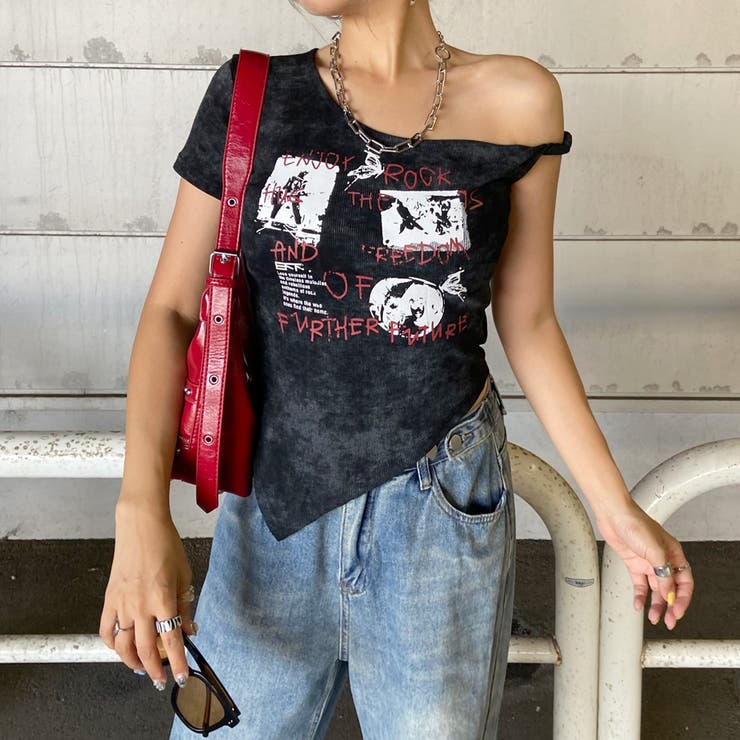 ブラック | ロックプリントイレヘムリブトップス | non-hedge 