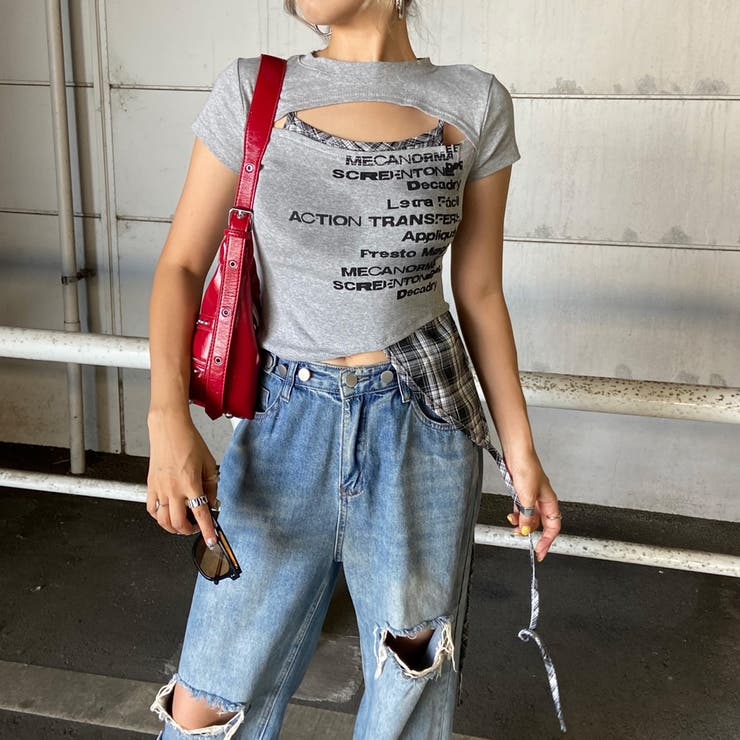 グレー | カットワークチェックイレヘムトップス | non-hedge 