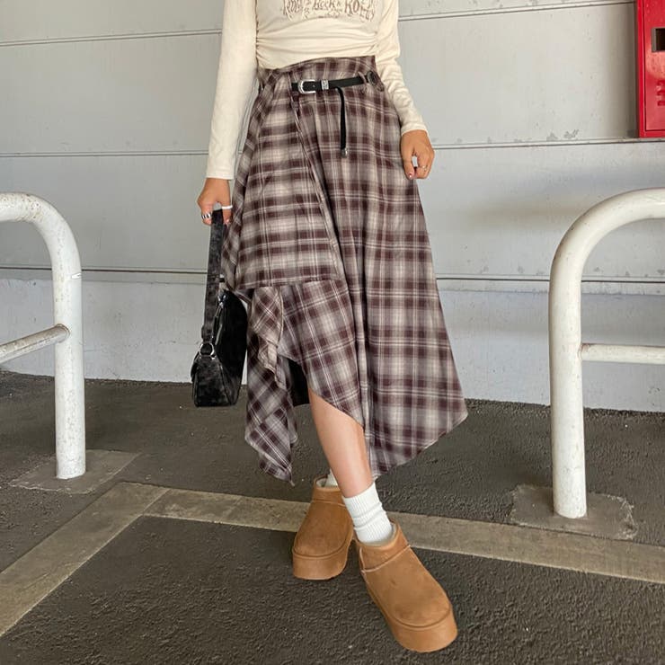 ベルト付きイレヘムチェックロングスカート | non-hedge  | 詳細画像1 