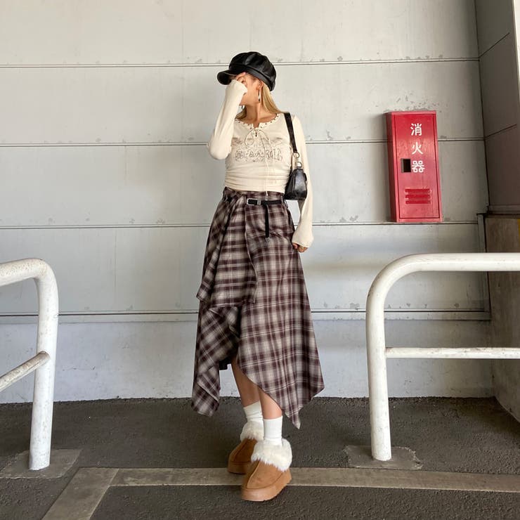 ベルト付きイレヘムチェックロングスカート | non-hedge  | 詳細画像2 