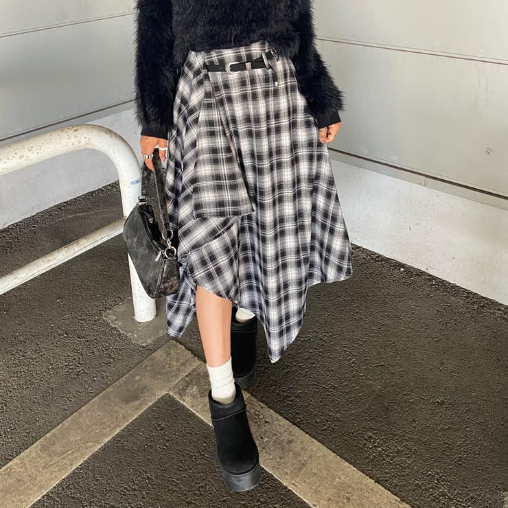 ブラック | ベルト付きイレヘムチェックロングスカート | non-hedge 