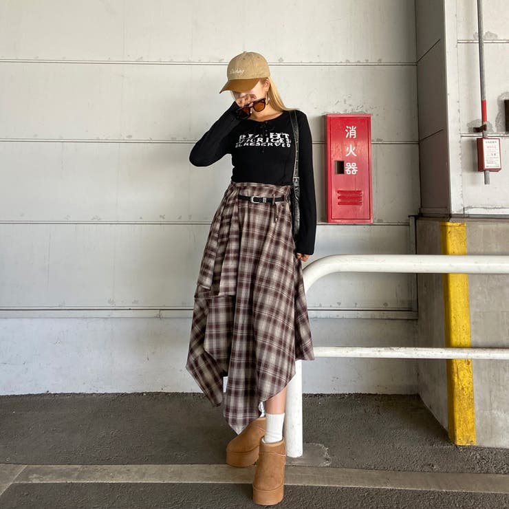 ベルト付きイレヘムチェックロングスカート | non-hedge  | 詳細画像3 