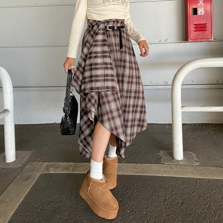 ベルト付きイレヘムチェックロングスカート | non-hedge  | 詳細画像4 