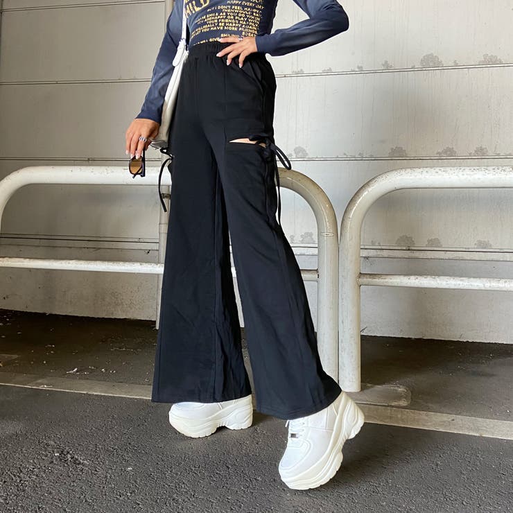 ブラック | サイドスリットリボンカットワイドパンツ | non-hedge 