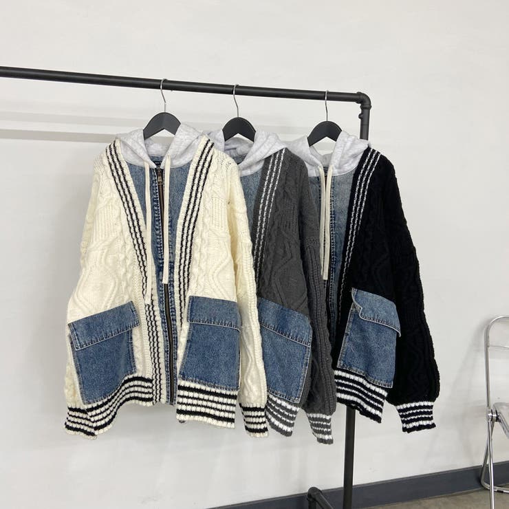 ケーブルニットデニム切替フード[品番：NHGW0006092]｜non-hedge