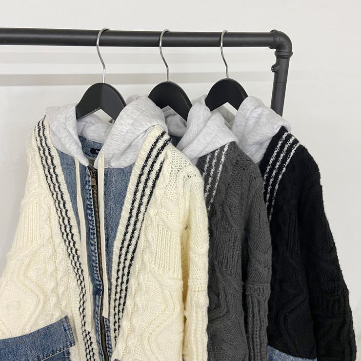 【美品】ダイアグラム ケーブルニット 切り替え デニムジャケット 異素材 ケーブルニットデニム切替フード[品番：NHGW0006092]｜non-hedge