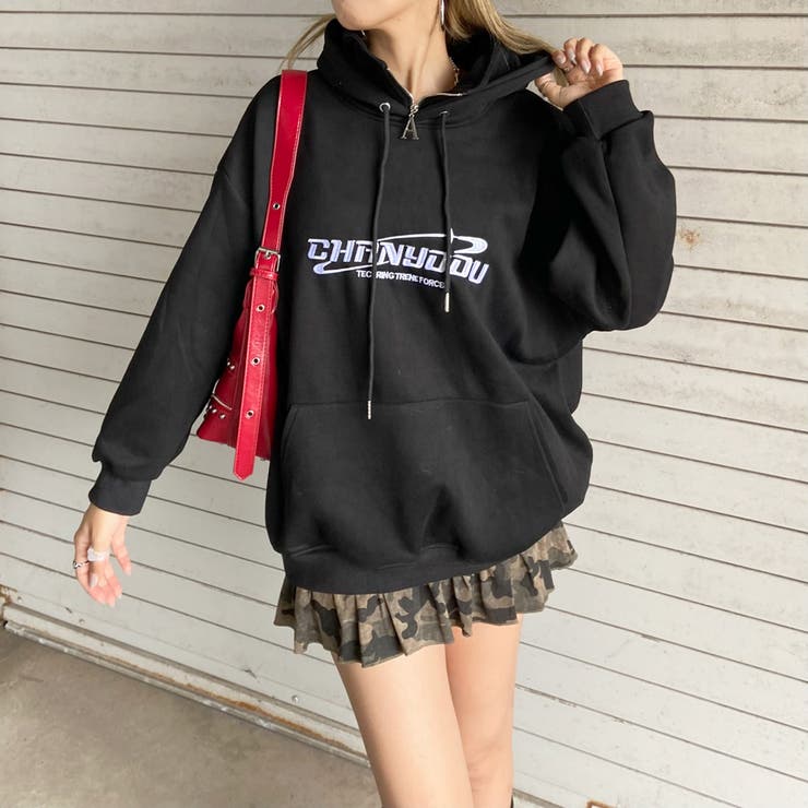 ブラック | 刺繍ロゴZIPフードチュニック | non-hedge 