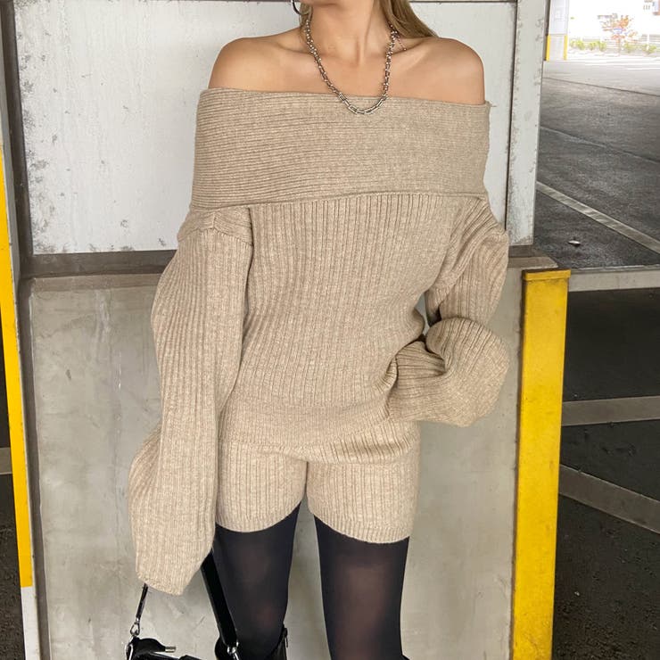 モカ | オフショルニットトップス・ショートパンツセットアップ | non-hedge 