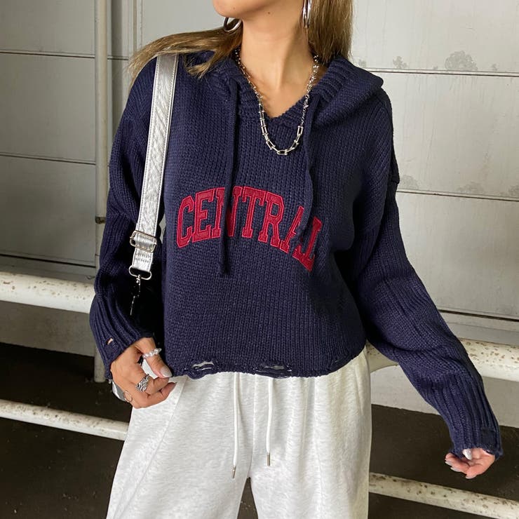 フードロゴダメージショートニットトップス | non-hedge  | 詳細画像1 