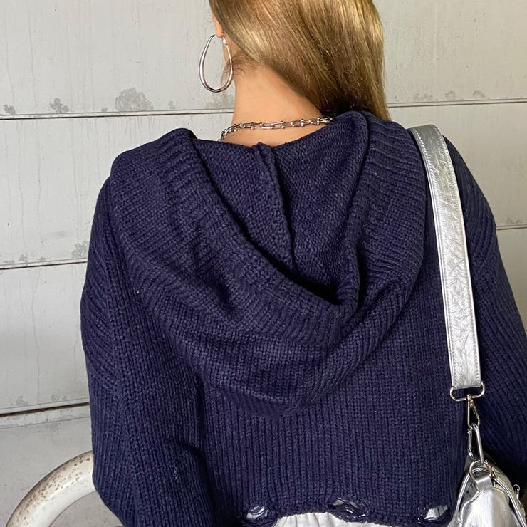 フードロゴダメージショートニットトップス | non-hedge  | 詳細画像9 