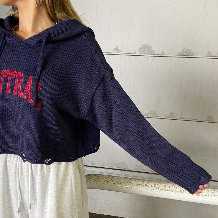 フードロゴダメージショートニットトップス | non-hedge  | 詳細画像10 