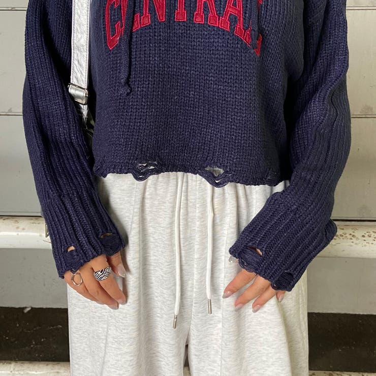 フードロゴダメージショートニットトップス | non-hedge  | 詳細画像11 